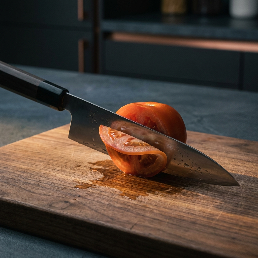 Razor-sharp knife slicing a tomato paper thin