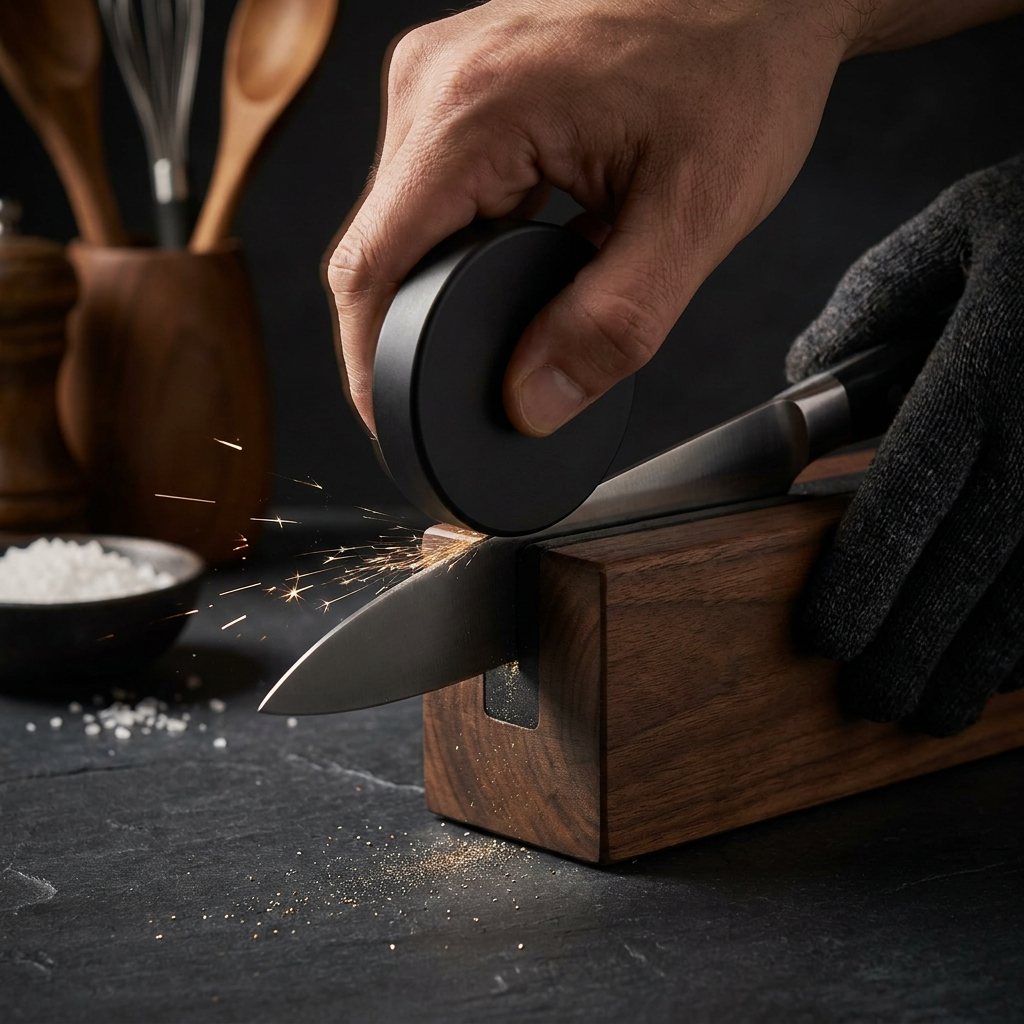 Rolling the Edgevault sharpener along a chef knife edge